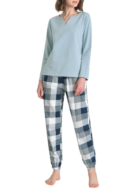 Women's 2 Piece Pajama Lounge Set Long Sleeves Top Flannel Plaid Joggers Matching couple pajama sets