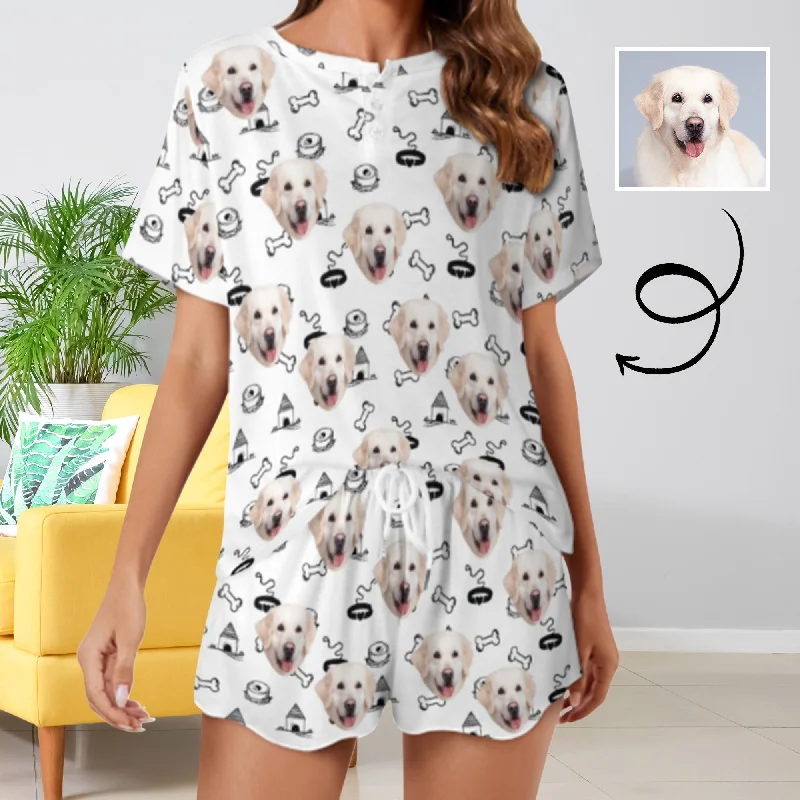 Custom Face Pet Bone Black&White Print Pajama Set Women's Short Sleeve Top and Shorts Loungewear Athletic Tracksuits Camisole pajama sets