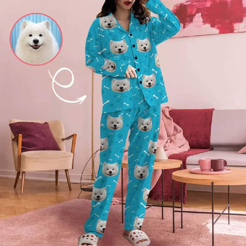 Custom Face My Pet Dog Paw and Bone Women's Long Pajama Set Cheap pajama sets