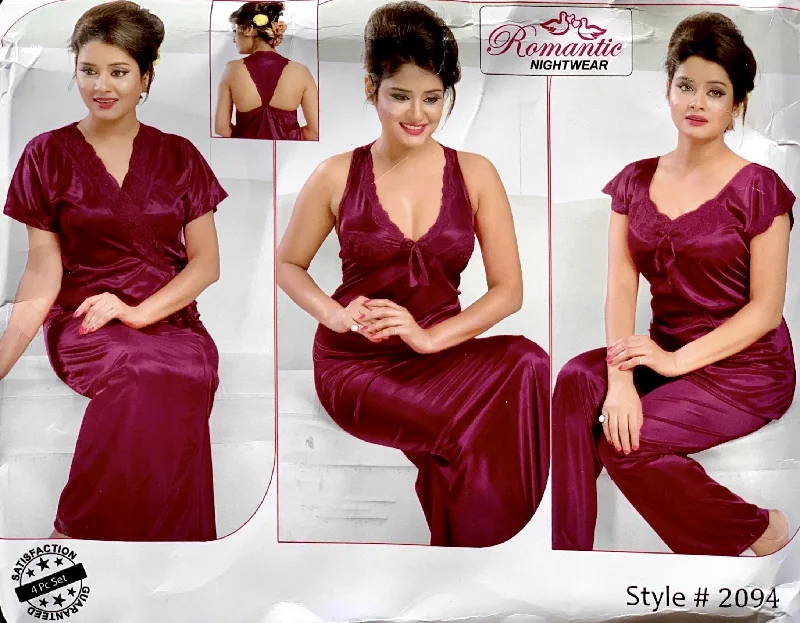 Romantic Nightwear - 4Pcs Bridal Nighty Sets - 2094 - Long Nighty with Gown & Pajama Set Luxury pajama sets