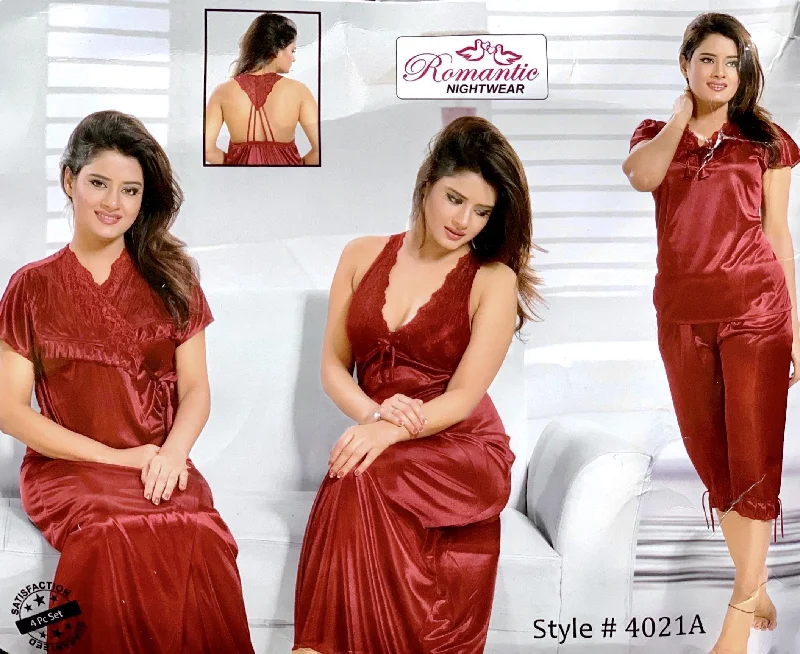 Romantic Nightwear - 4Pcs Bridal Nighty Sets - 4021 - Long Nighty with Gown & Sexy Pajama Set Shein pajama sets