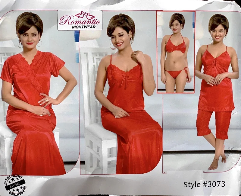 Romantic Nightwear - 6Pcs Bridal Nighty Sets - 3073 - Long Nighty with Gown, Pajama Set & Sexy Bikini Set Sexy pajama sets