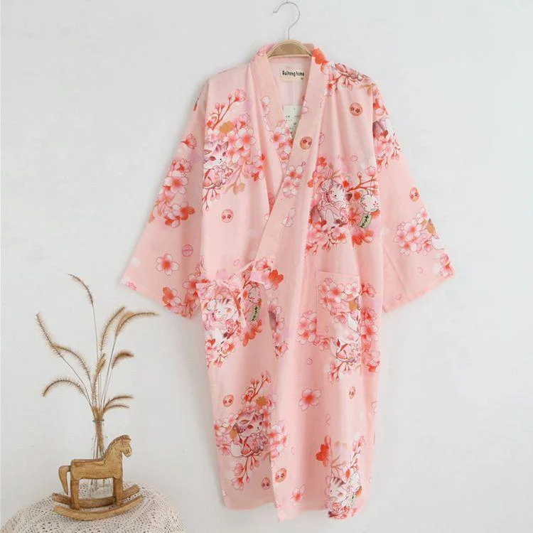 Cotton Bathrobes Summer Cotton Robes for Women Cotton Kimono Robes Floral Spa Robe Women Pajamas Japanese Kimono Yukata Luxe Gown Set