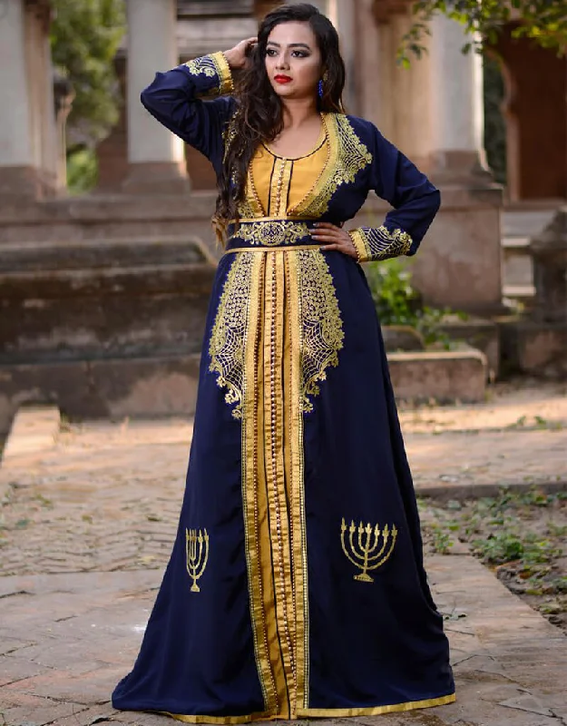 Muslim Dark Blue Crepe Georgette Hand Golden Embroidery Front Open Style Kaftan Plush Robe Set