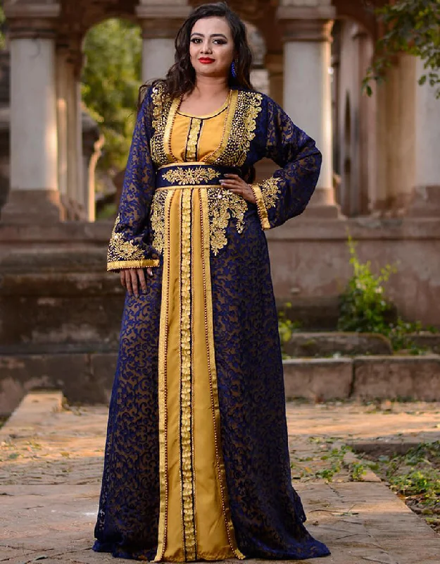 Women Golden Yellow Brasso Hand Golden Embroidery Kaftan Cozy Cotton Gown