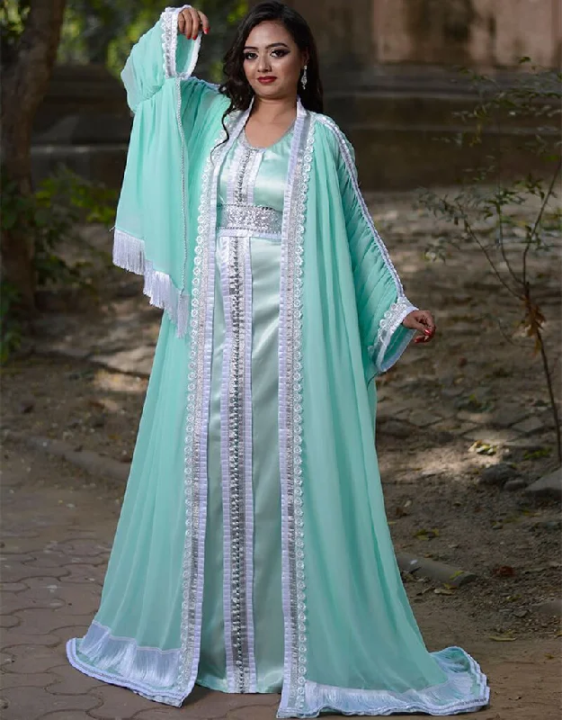 Trendy Green Georgette Hand Silver Embroidery Front Open Kaftan Elegant Satin Set