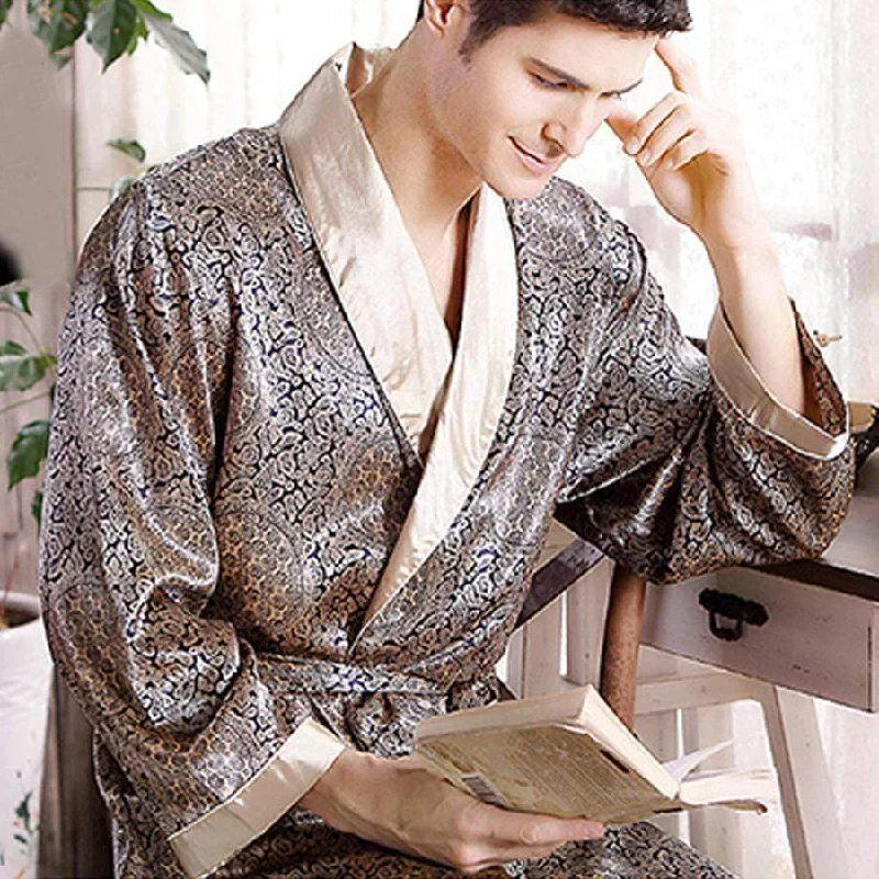 New Real Men Luxury Bathrobe Geometric Robes V-neck Imitation Silk Knitted Sleepwear Full Sleeve Nightwear Satin Lace Set