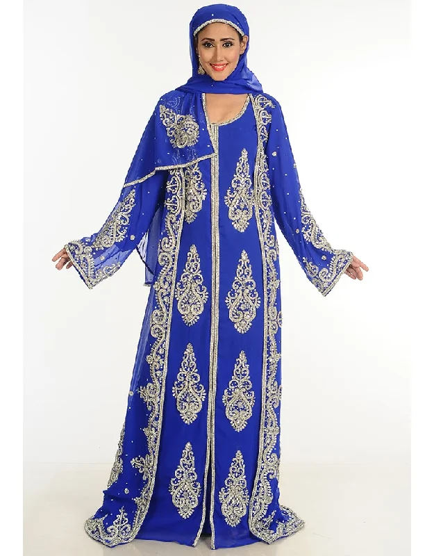 Trendy Royal Blue Georgette Hand Zari Embroidery Bridal Kaftan Silk Kimono Robe