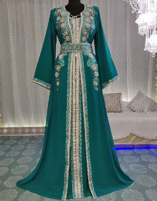 Arabic Sea Green Georgette Hand Multi Embroidery Front Open Style Kaftan Silk Bathrobe Set