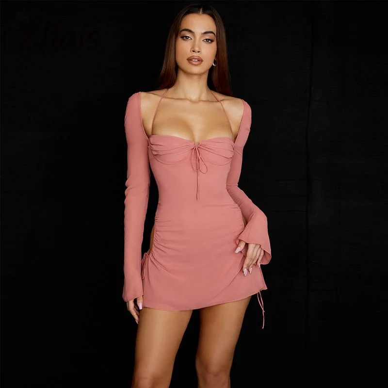 XLLAIS Wholesale Items Women Flare Long Sleeve Pink Dress Fashion Square Collar Bandage Robes Sexy Cut Out Party Club Vestidos Soft Cotton Gown