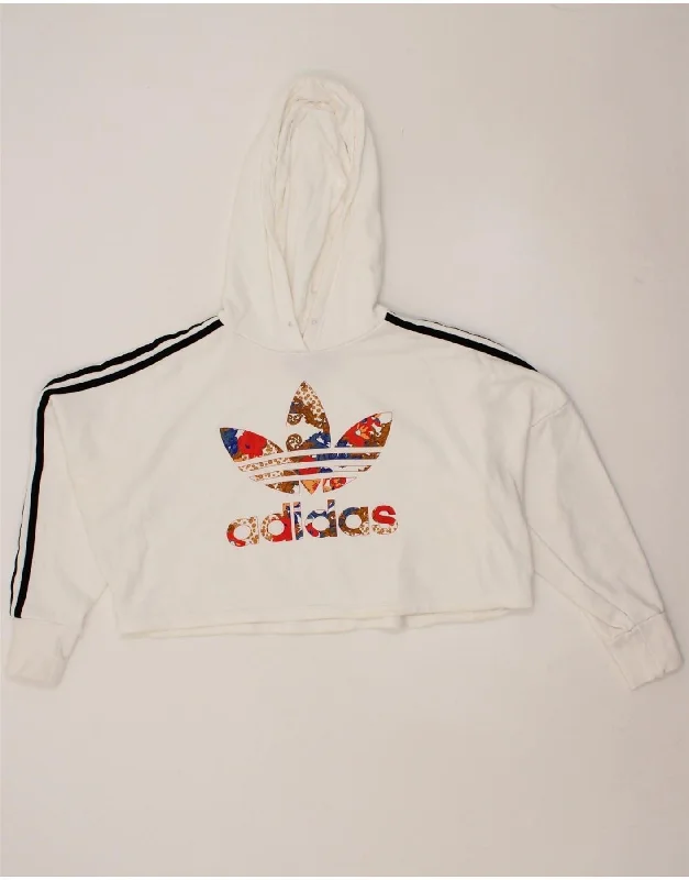 ADIDAS Womens Oversized Graphic Crop Hoodie Jumper UK 8 Small White Cotton Holiday sweaters