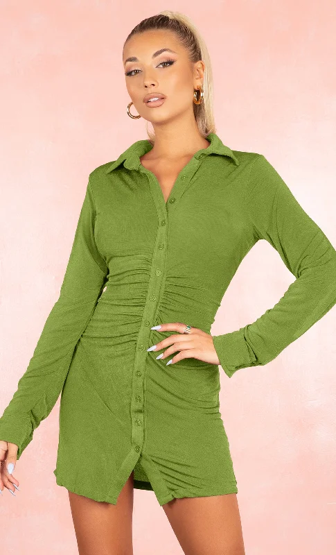 All The Vibes Green Long Sleeve Ruched Button Up Lapel Collared Blouse Casual Mini Dress Office mini dresses