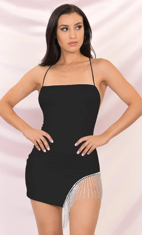 Born to Shine Black Sleeveless Spaghetti Strap Cross Back Rhinestone Fringe Cut Out Bodycon Mini Dress Versatile mini dresses for all occasions