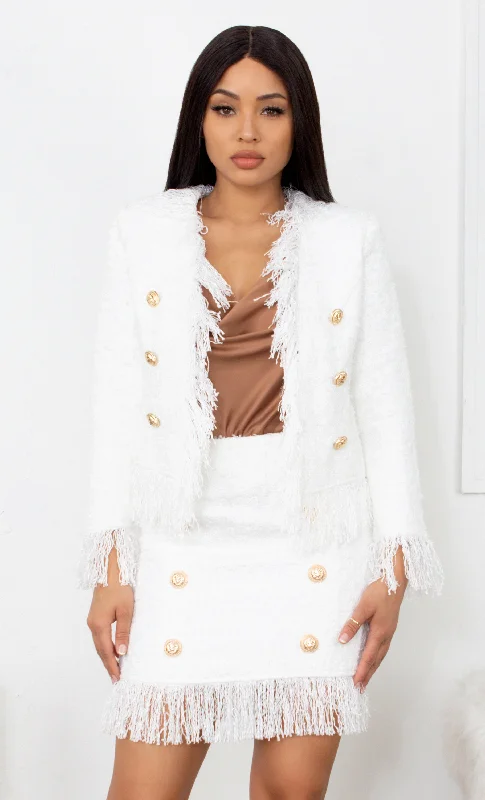 New In Town White Tweed Fringe Tassel Long Sleeve Blazer Jacket Gold Button Two Piece Mini Dress Set Versatile mini dresses for all occasions