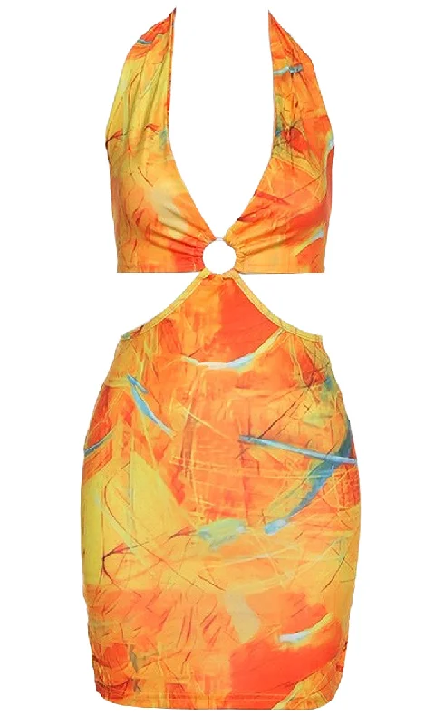 Reckless Romance Geometric Pattern Sleeveless Plunge V Neck Halter Cut Out Sides Bodycon Mini Dress Shein mini dresses