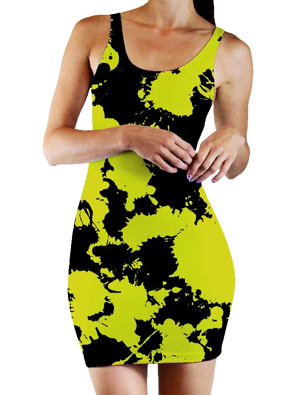 Yellow and Black Paint Splatter Bodycon Mini Dress Silk mini dresses