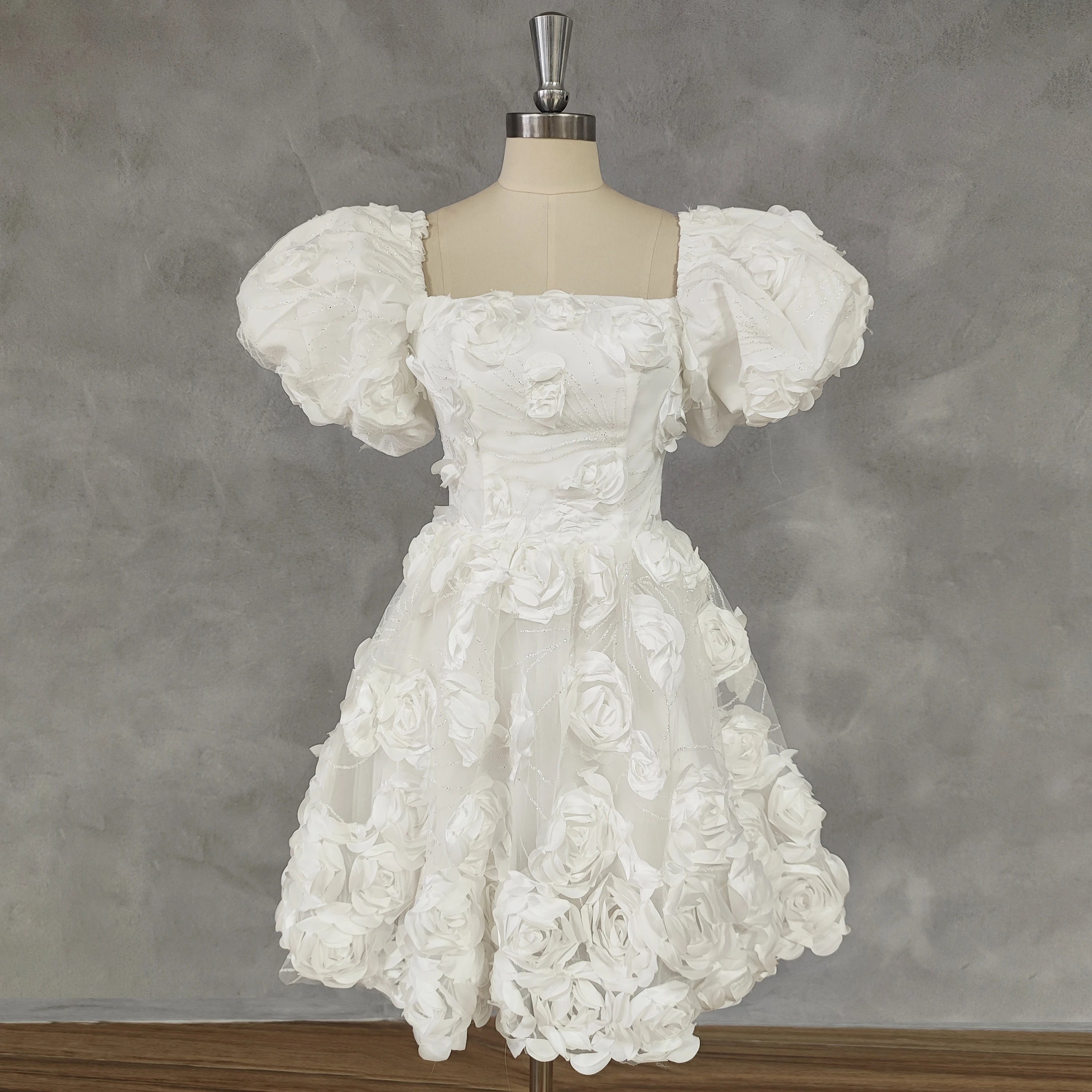 3D Flowers Square Neck Puff Sleeves Short Wedding Party Mini Dress Simple Wedding Dress