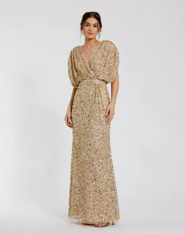 Gold Draped Sleeve V Neck Gown Mermaid Wedding Gown