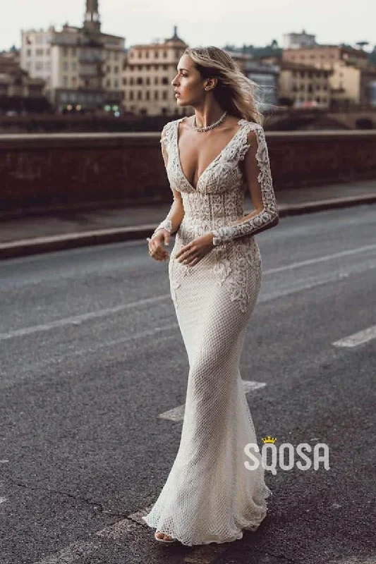 Attractive Deep V-neck Illusion Long Sleeve Appliques Lace Mermaid Wedding Dress QW0882 Strapless Bridal Dress