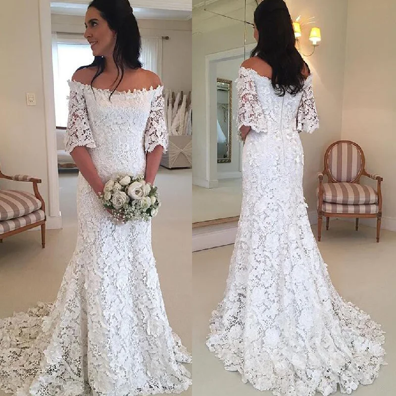 Charming Off shoulder Lace Wedding Dresses, Half Sleeve Lace Mermaid Wedding Dresses, KX926 Satin Wedding Dress