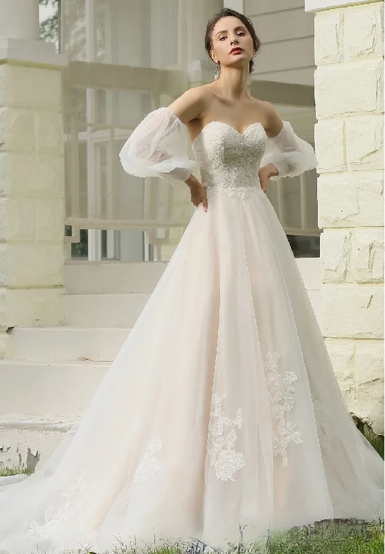 Classic A-Line Strapless Bridal Gown With Detachable Bishop Sleeves Mermaid Lace Gown