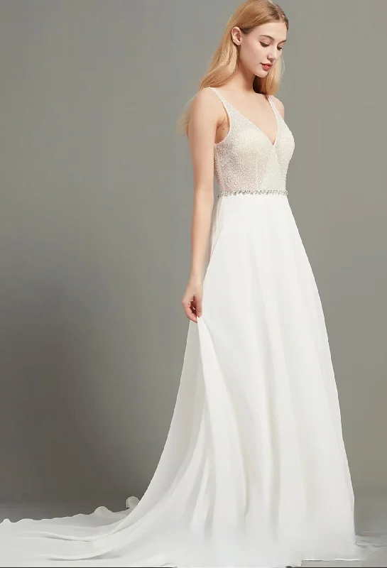 Crystal and Beading V Neck Aline Chiffon Wedding Dress Soft Wedding Gown