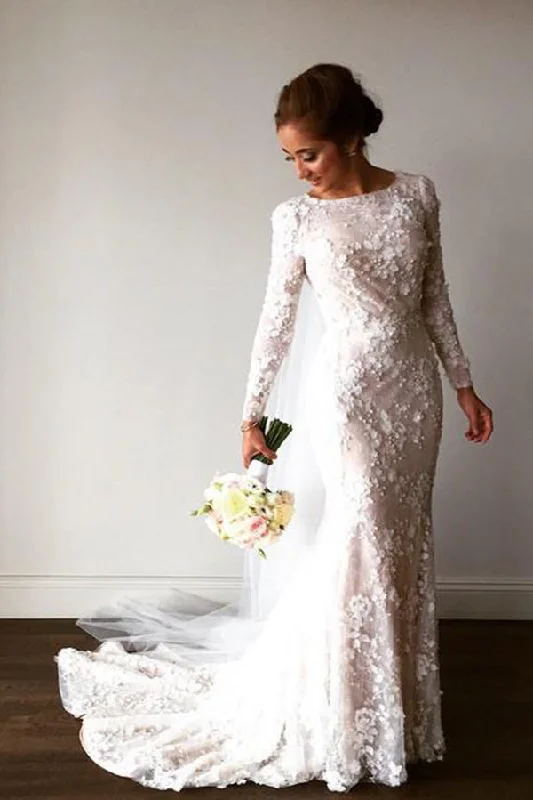 Delicate Mermaid Lace Appliques Long Sleeves Wedding Dresses Illusion Lace Gown