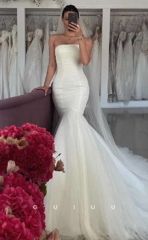 GW819 - Sexy & Hot Strapless Sleeveless Ruched Mermaid Beach Wedding Dress with Court Train Sparkling Bridal Gown