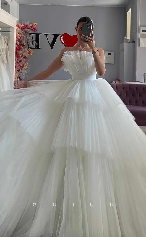 GW827 - Unique A-Line Sleeveless Tulle Tiered Wedding Dress with Court Train Vintage Wedding Gown