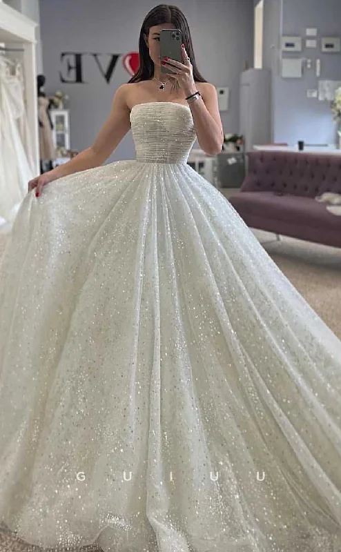 GW828 - A-Line Off-Shoulder Ruched Glitter Wedding Dress with Court Train Beaded Lace Wedding