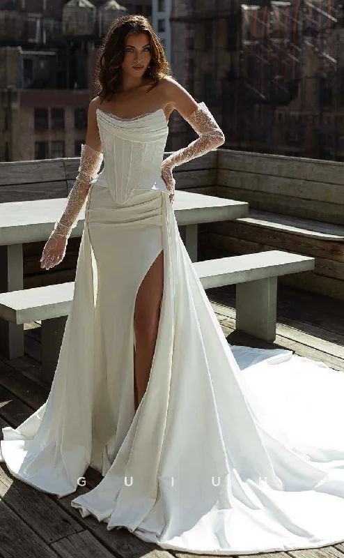 GW835 -  Sexy & Hot Strapless Stain Pleated Long Sleeves Mermaid Beach Wedding Dress Full Length Gown