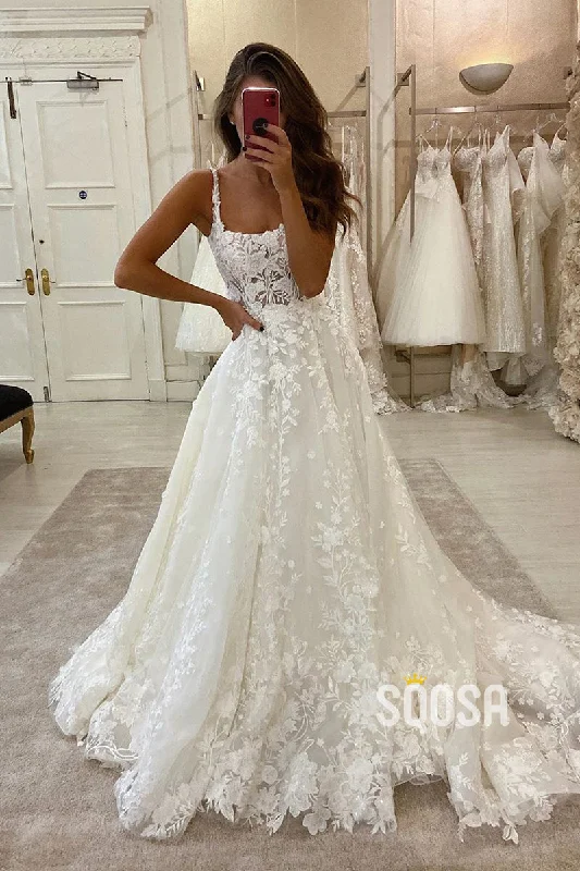 Unique Square Neckline Ivory Lace Wedding Dress Bridal Gown QW2589 Chic Bridal Gown