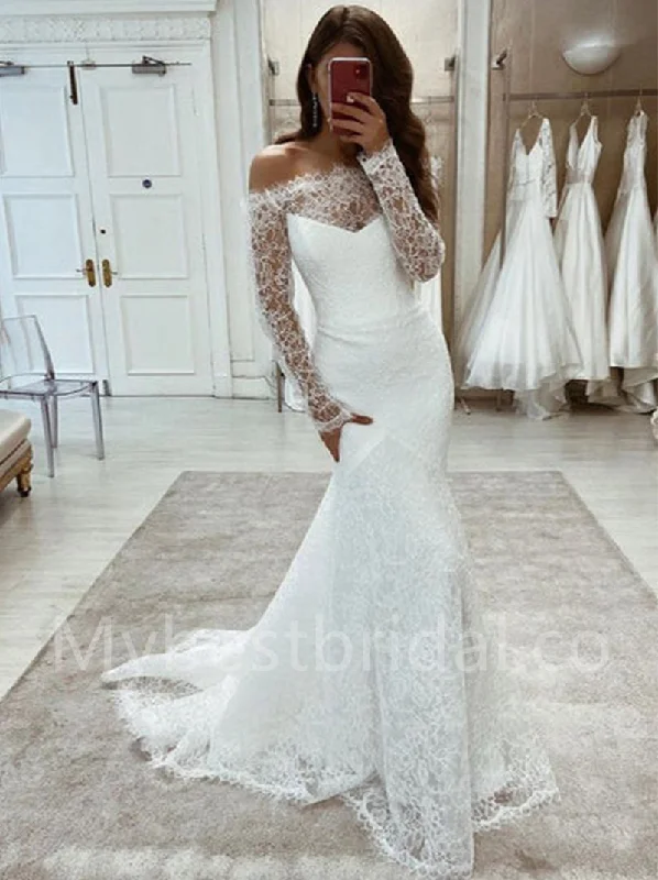 Elegant Off shoulder Long sleeves Mermaid lace applique Wedding Dresses, WDY0288 Sparkling Wedding Dress