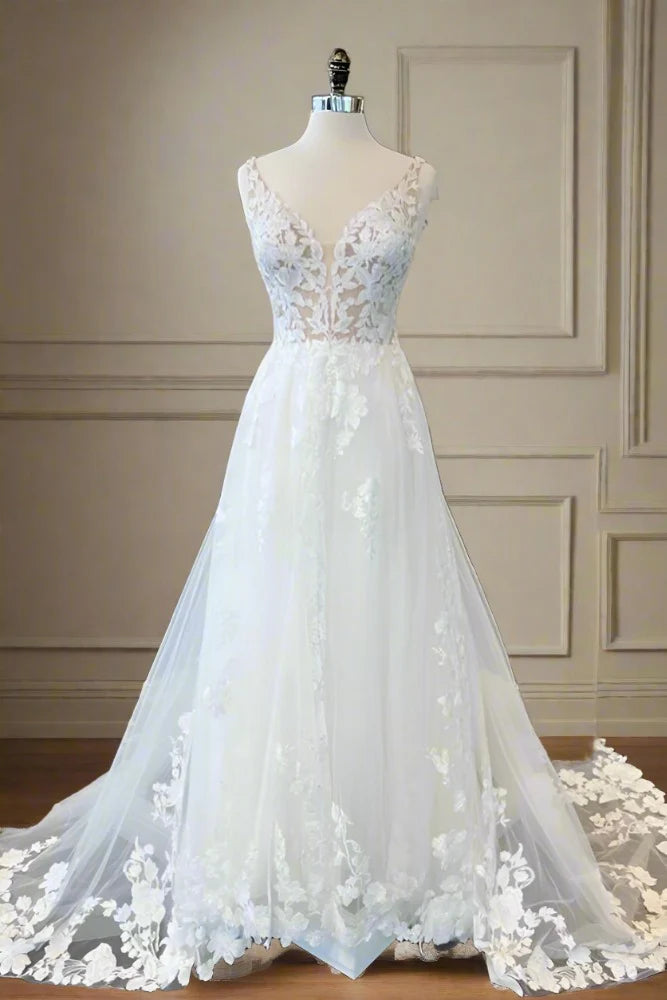 Elegant Tulle A-Line V-Neck Sleeveless Lace Appliques Long Wedding Dress Soft Lace Gown