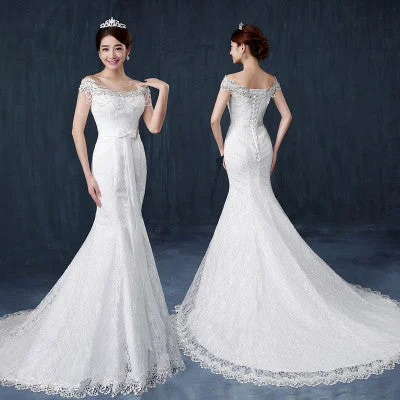 Fishtail wedding bride wedding dress one word shoulder slim slimming small trailing studio wedding dress Sexy Lace Gown