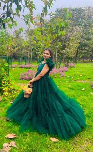 G2049, Bottle Green Ruffled Prewedding Shoot Trail Gown (ALL) Romantic Wedding Dress