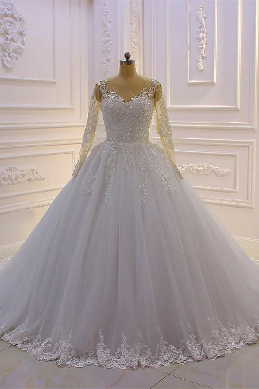 Gorgeous Long A-Line Bateau Pearl Tulle Appliques Lace Wedding Dress with Sleeves Romantic Satin Dress