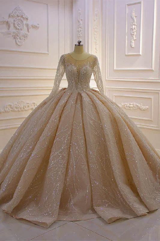 Gorgeous Long Ball Gown Bateau Crystal Wedding Dress with Sleeves Lace Sleeveless Dress