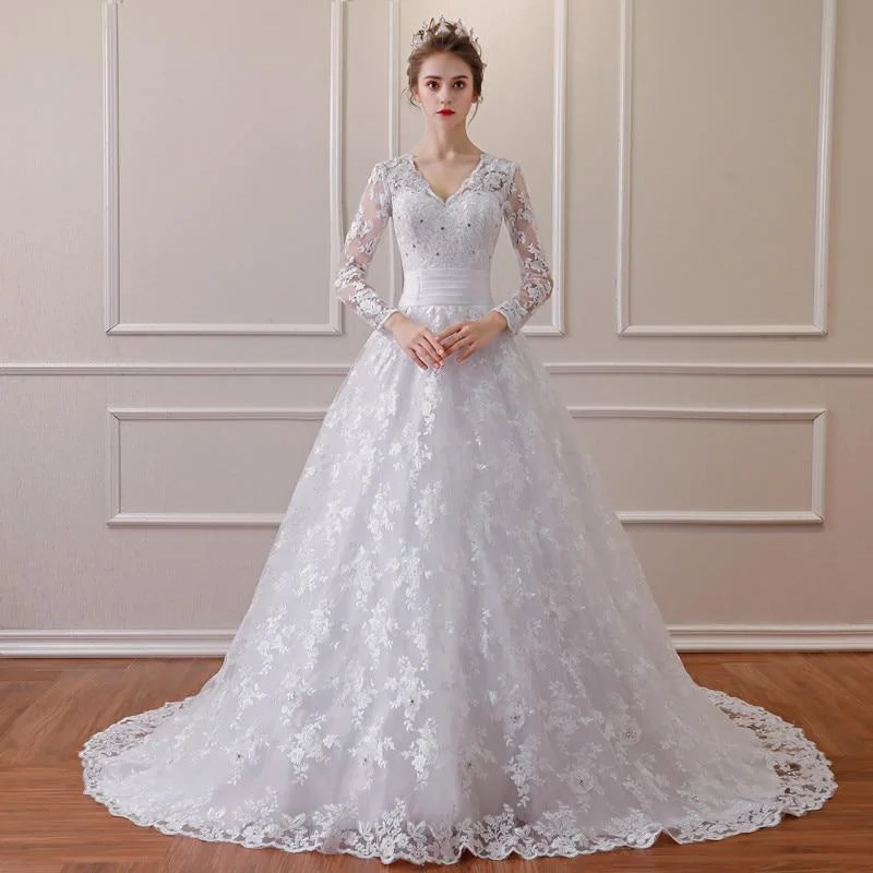 Long Sleeve Luxury Train Sexy Lace Wedding Dress with Flowers Sexy Wedding Dress