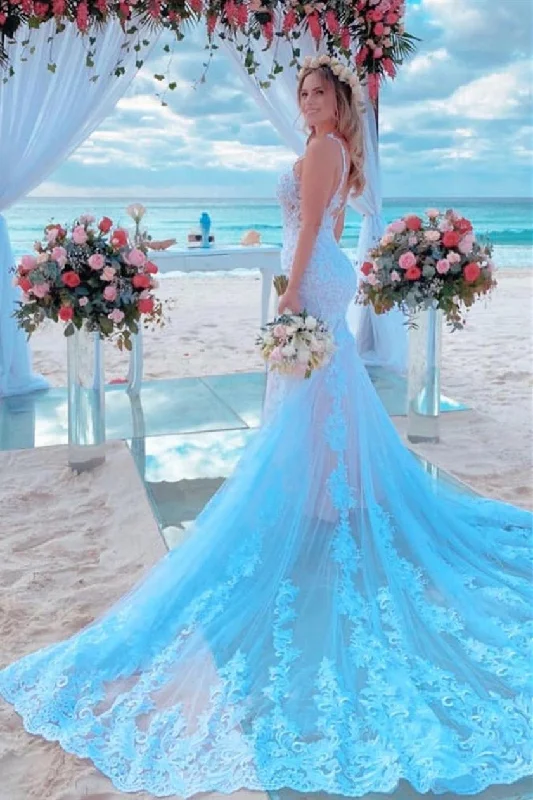 Mermaid Spaghetti Strap White Wedding Dress with Chapel Train Illusion Lace Gown