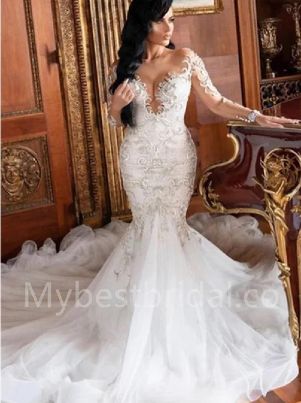 Sexy V-neck Long sleeves Mermaid Lace applique Wedding Dresses, WDY0290 Glamorous Wedding Dress