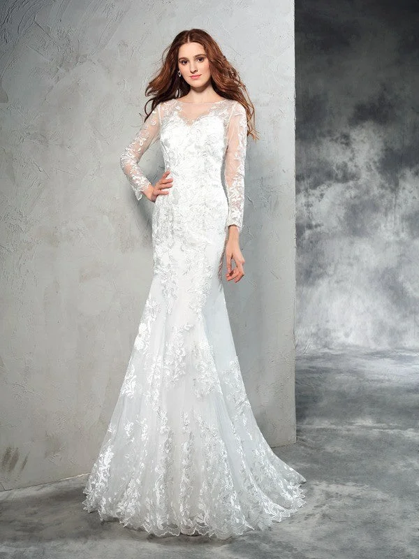 Sheath/Column Sheer Neck Lace Long Sleeves Long Net Wedding Dresses Soft Satin Bridal