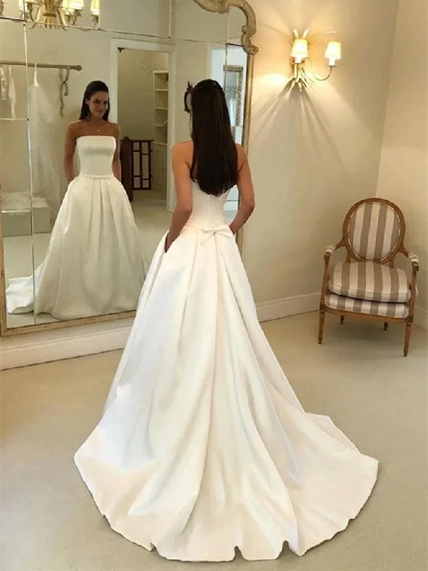 Simple Satin Strapless Wedding Dresses, Long Bridal Dress with Pockets OW506 Classic Bridal Gown