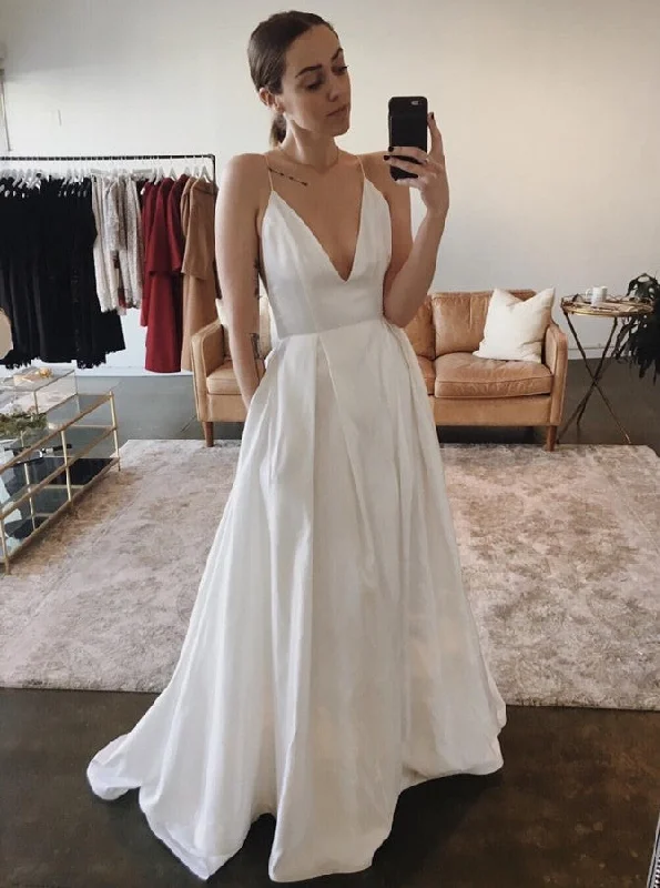 Simple Spaghetti Straps Backless Satin Wedding Dress with Pockets Modern Lace Gown