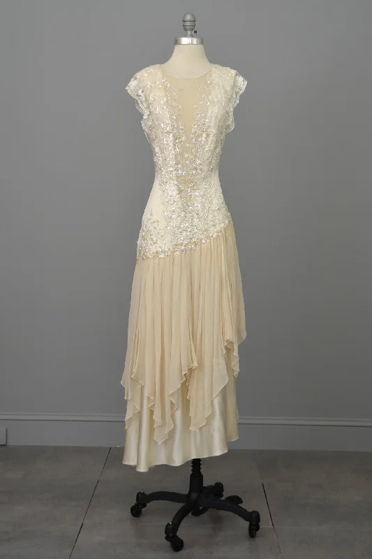 Vintage 80s 90s Beaded Lace Silk Chiffon Flapper Dress Romantic Lace Dress