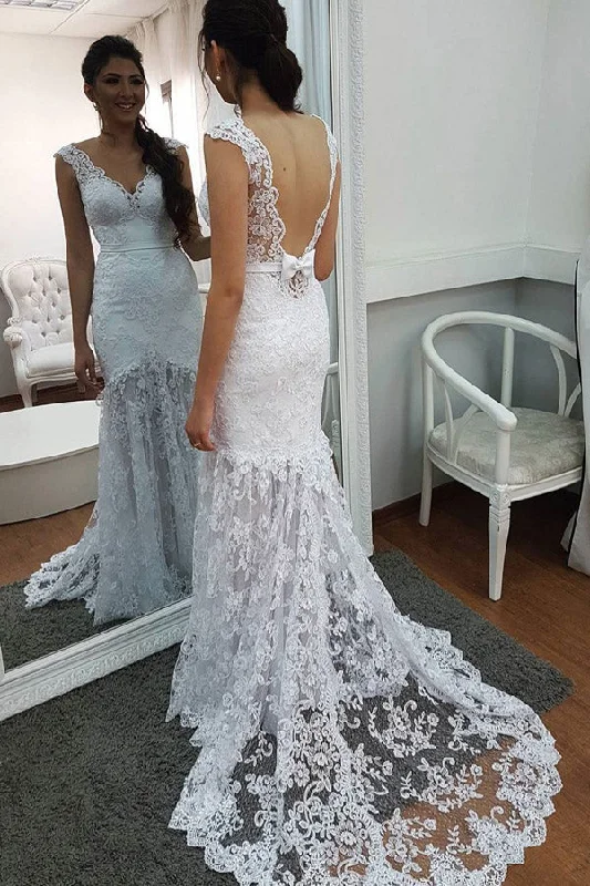 Mermaid Court Train V Neck Sleeveless Backless Lace Wedding Dresses Wedding Gown Set