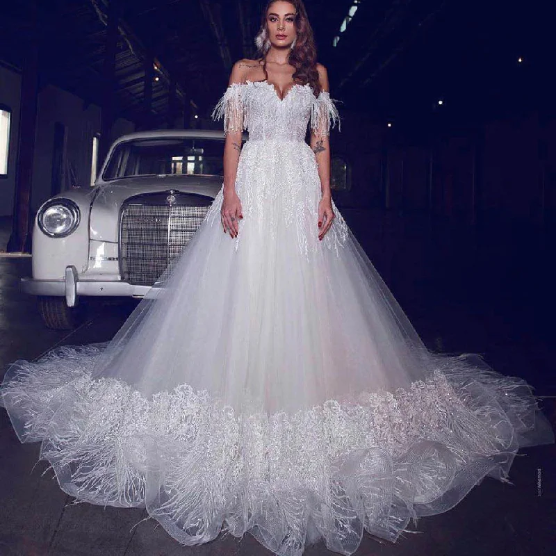 white wedding dresses 2020 feather lace appliqué elegant off the shoulder wedding ball gown Sparkle Bridal Dress