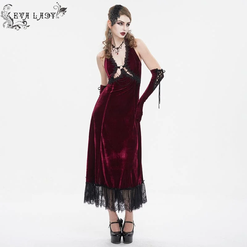 Women's Gothic Plunging Lace-up Lace Hem Slip Wedding Dress Red Strapless Bridal Dress