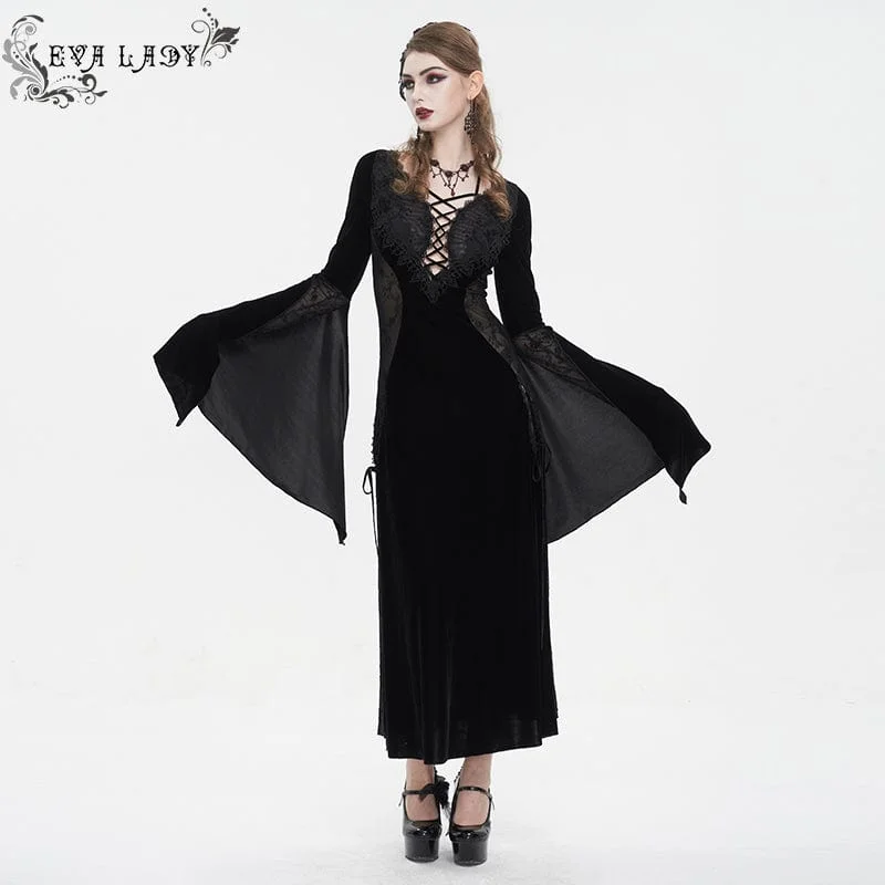 Women's Gothic Plunging Mesh Splice Velvet Wedding Dress Boho Chic Gown