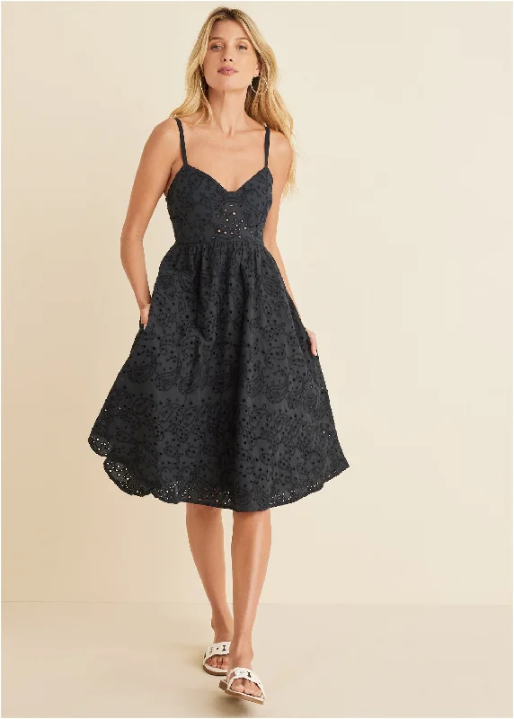 Paisley Eyelet Dress - Black Expensive midi dresses